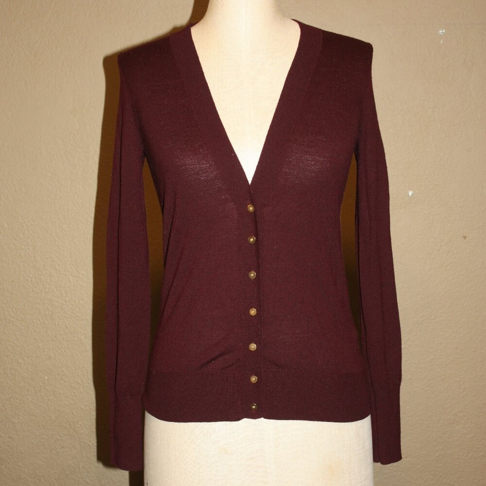 J.CREW BURGUNDY MERINO WOOL KNITTED OPEN CARDIGAN WITH GOLD BUTTONS - XS 0 2